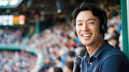 Fototapeta premium スタジアムで実況をするアジア人の男性リポーターのイメージ