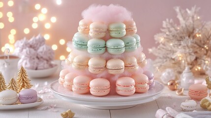 Delicate pastel macarons tower, holiday sweets, festive dessert display, Generated AI