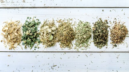Freshly brewed tea and dried herbs on white