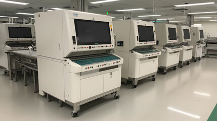 Advanced electronics manufacturing process high-tech facility circuit board production cleanroom environment side view precision engineering