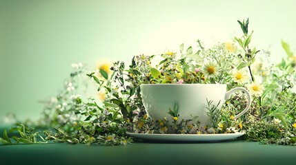 Cup of herbal tea with various herbs