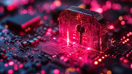 Futuristic electronic circuit with neon padlock and placeholder text showcasing cybersecurity, personal data privacy, and advanced internet networking protection systems
