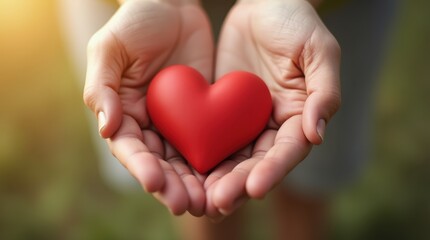 Fototapeta premium A pair of open hands gently holding a red heart, symbolizing love, care, and kindness