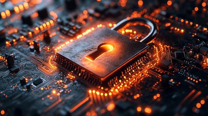 Futuristic electronic circuit with neon padlock and placeholder text showcasing cybersecurity, personal data privacy, and advanced internet networking protection systems