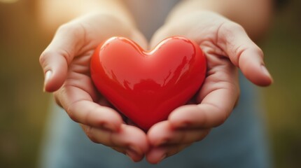 Fototapeta premium A pair of open hands gently holding a red heart, symbolizing love, care, and kindness