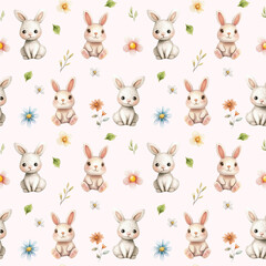 Easter bunny digital paper. Rabbits, tiny flowers, watercolor seamless pattern. Repeating tile for wrapping, fabric, kids textile, children's clothing, spring holiday wallpaper, pink background	
