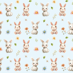 Easter bunny digital paper. Rabbits, tiny flowers, watercolor seamless pattern. Repeating tile for wrapping, fabric, kids textile, children's clothing, spring holiday wallpaper, blue background	

