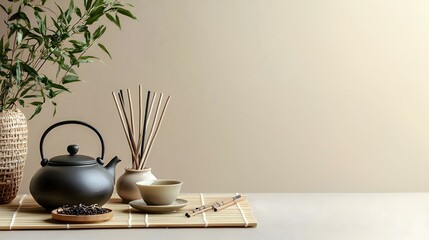 Simple still life with tea set scattered tea