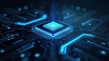 A close-up of a shiny silver computer processor microchip with intricate circuits, set against a dark blue background, symbolizing AI technology.