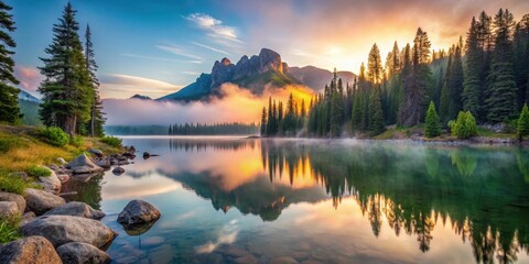Fototapeta premium Serene mountain lake at sunrise with misty fog, surrounded by pine trees and rocky cliffs, reflecting the vibrant colors of the sky , rocky cliff, serene landscape