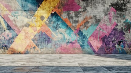 Fototapeta premium Colorful abstract background with a concrete wall and floor, 3D rendering. Geometric shapes and graffiti on the grunge-textured backdrop