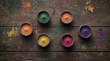 An artistic flat lay composition of small bowls filled with bright Holi powders in red, green, yellow, and purple, arranged on a rustic wooden surface with scattered powder around them.
