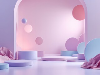 Pastel Abstract Backround Soft pastel Memphis in pink and blue blend seamlessly in this dreamy abstract 3D composition. Floating spheres and geometric shapes add a surreal, futuristic touch.