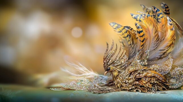 Mythical kinnaree in an enchanted forest close-up fantasy art with golden feathers and vibrant colors
