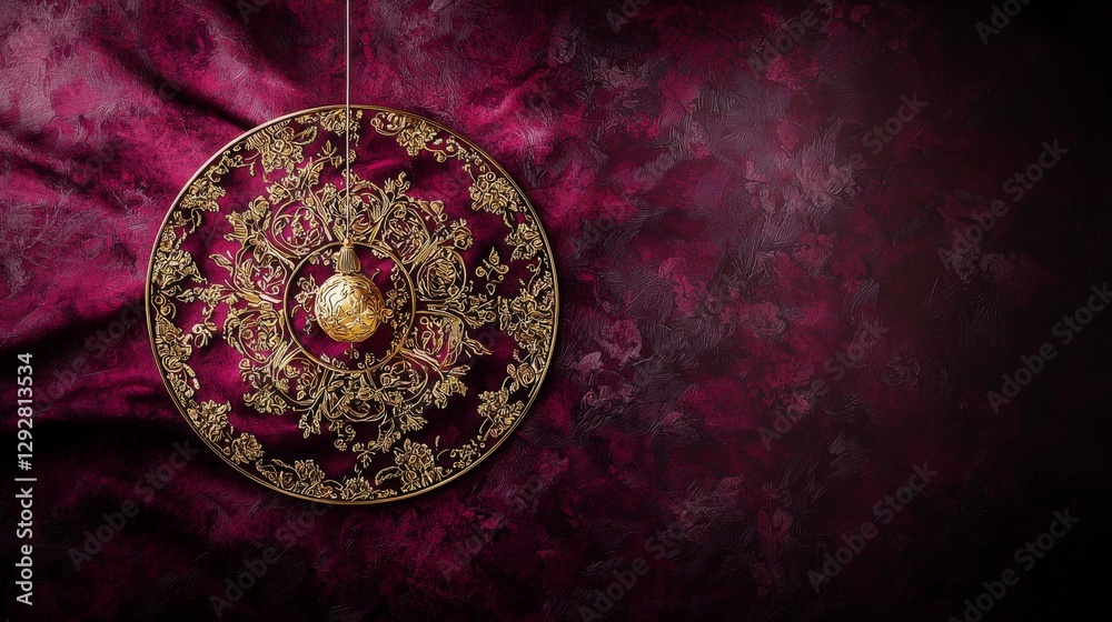 Poster Intricate golden thai circular pattern cultural display art piece elegant setting close-up view symmetrical design