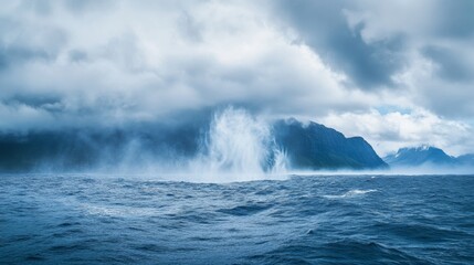 Fototapeta premium Whale breaching ocean surface nature photography misty environment aerial view majestic display