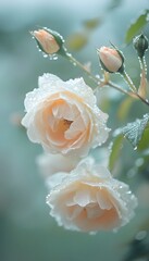 Delicate peach roses glisten with raindrops in soft focus