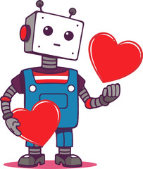 A cartoon robot holds a large red heart, expressing care