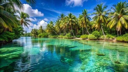 Serene Tropical Landscape with Calm Waters and Lush Palm Trees