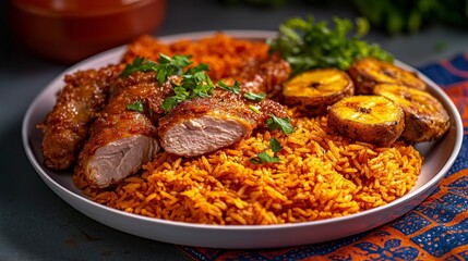 Fototapeta premium Close-up delicious nigerian jollof rice with fried chicken in a vibrant culinary setting