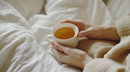Hypertension patient relaxing with a cup of tea in a cozy bedroom. Featuring relaxation and stress relief
