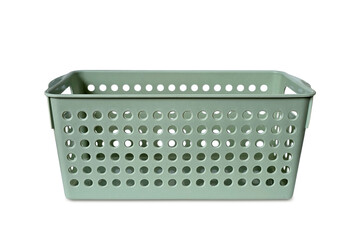 Empty Green Plastic Storage Basket isolated on white background with clipping path. Mockup container with copy space. Front view close up.