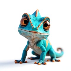 Adorable Cartoon Chameleon Cute Reptile Big Eyes Turquoise Digital Art 3D Render