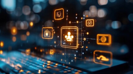 Obraz premium Digital Interface Showcasing Abstract Icons in a Futuristic Theme with Dynamic Lighting and Depth Perception, Depicting a Technological Environment