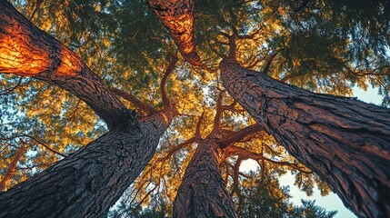 Low angle view of four large tree trunks reaching up to a golden canopy.