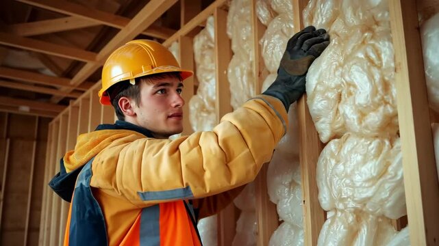 A construction worker applying mineral wool insulation on a wall inside a building that is still under construction while donning safety gloves and a hardhat