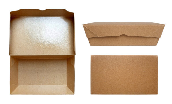 Empty takeout cardboard food boxes isolated on a white background with clipping path. Collection of brown craft paper lunch box mockup with copy space.