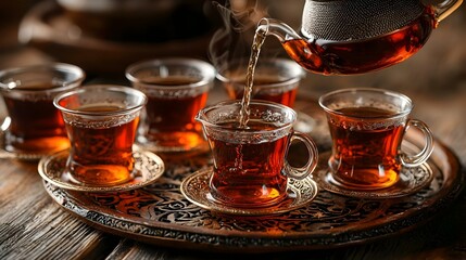 Fototapeta premium black tea in a teapot is poured into cups