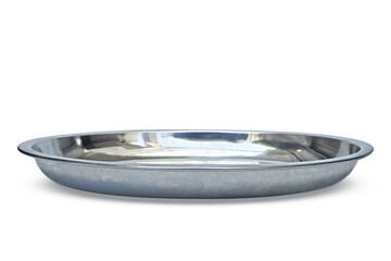 Empty Stainless Steel Oval Platter isolated on White Background with clipping path. Oval Silver Plate front view. Mockup for food design with blank space.