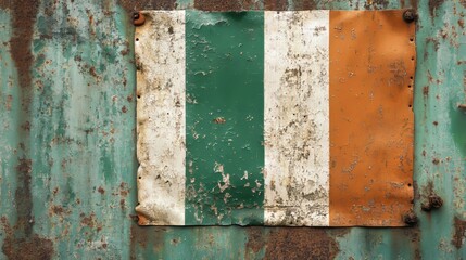 Ireland's old flag hangs on metal. It's worn and dirty, a faded reminder of the country's past. 