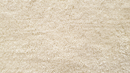 Light cream fluffy carpet texture. Faux fur white rug texture background. Close up view of densely piled plush wool carpet, full frame. Sheepskin Fleece fabric detail. Blank backdrop design template.