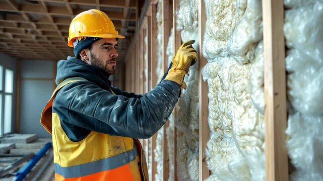 A construction worker applying mineral wool insulation on a wall inside a building that is still under construction while donning safety gloves and a hardhat