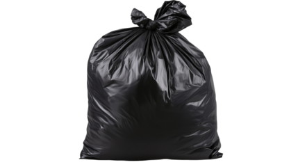 Full Black Plastic Garbage Waste Bag Tied bin sack dark shot isolated on transparent background