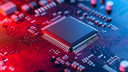 Obraz premium Closeup of integrated circuit on a motherboard in a high-tech environment detailed electronic components for technology enthusiasts