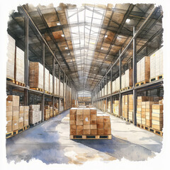 spacious warehouse filled with stacked boxes and pallets, showcasing bright and organized interior
