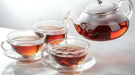 black tea in a teapot is poured into cups