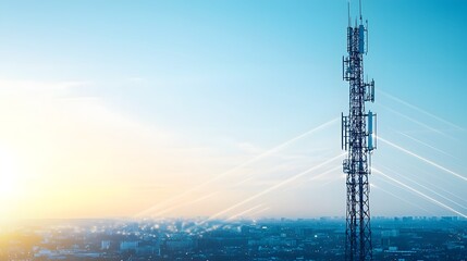Obraz premium Cutting edge 5G Telecommunications Tower Transmitting Data Signals Across Smart City Skyline