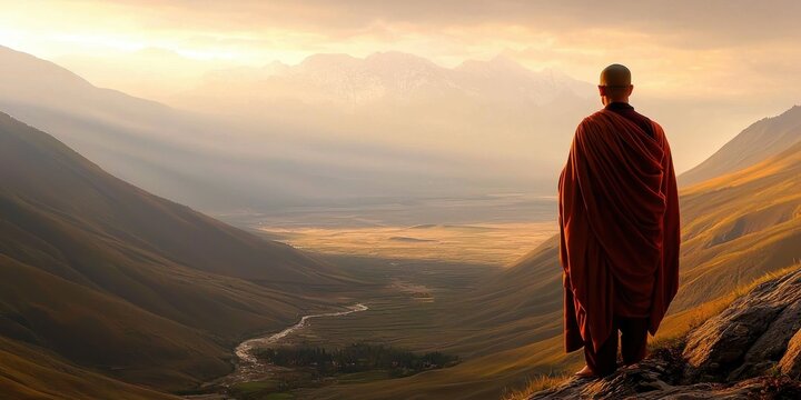 Spiritual reflection of a monk in a breathtaking valley.