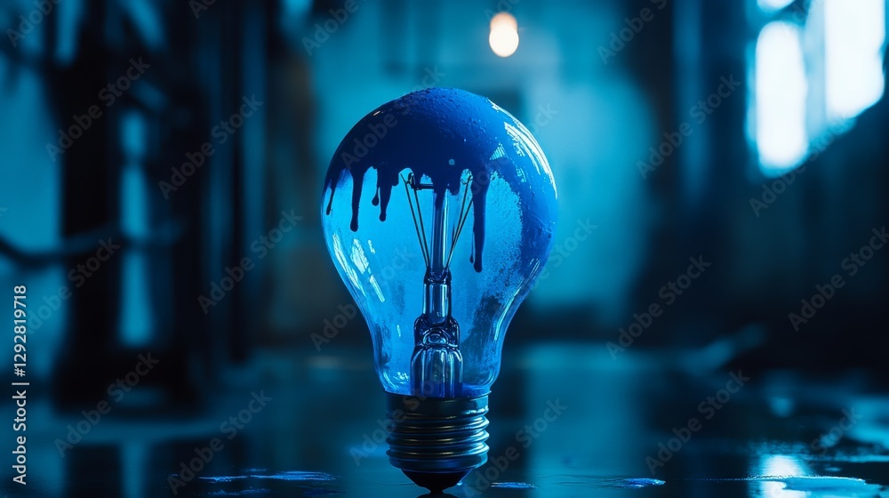 Poster light bulb covered in blue paint with blurred background in dark setting. creativity and innovation 