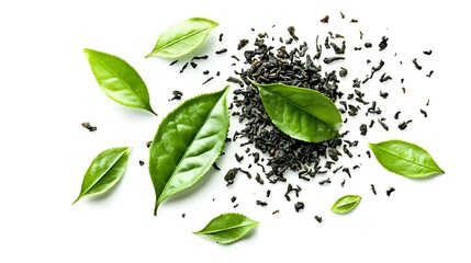 Dry black tea leaves isolated on white background
