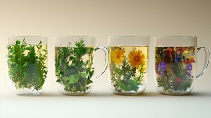 Cups of herbal tea with various herbs