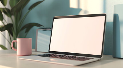 Photorealistic scene of a white laptop with a blank screen on a soft beige wooden desk, a pale pink coffee mug beside it, and a light blue notebook in the background. Crisp details, pastel tones, 