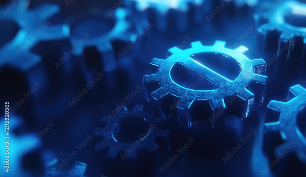 Poster blue gears interlocking in dark background
