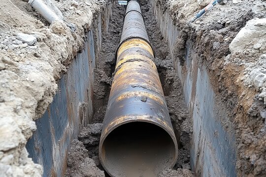 A leaking ductile iron pipe is being fixed