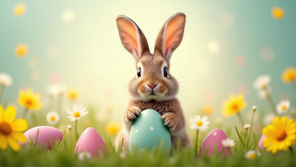 Fototapeta premium Easter bunny with colored eggs on grass on a summer day