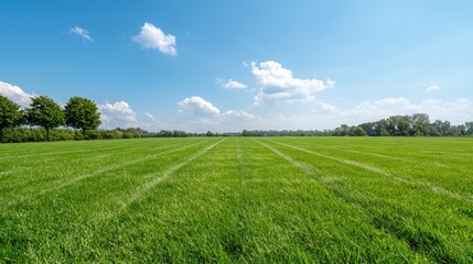 Obraz premium Wide shot of a lush green field under a partly cloudy blue sky. Perfect for nature backgrounds or rural scenes